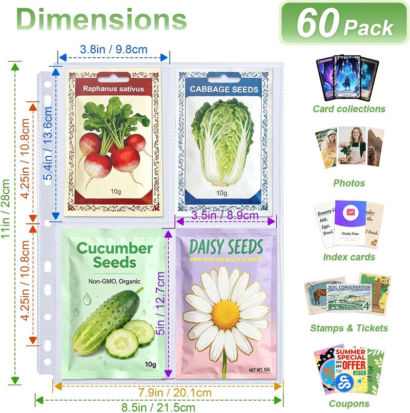 Zofly 480 Pockets 3.5x5” Seed Packet Sleeves, 60 Pack Double Sided 4 Pocket Seed Organizer Sheet,Heavy Duty Garden Seeds Storage Pages for 3 Ring Binder, 8.5x11” Top Loading Clear Photo, Index Card Sleeves - Image 3